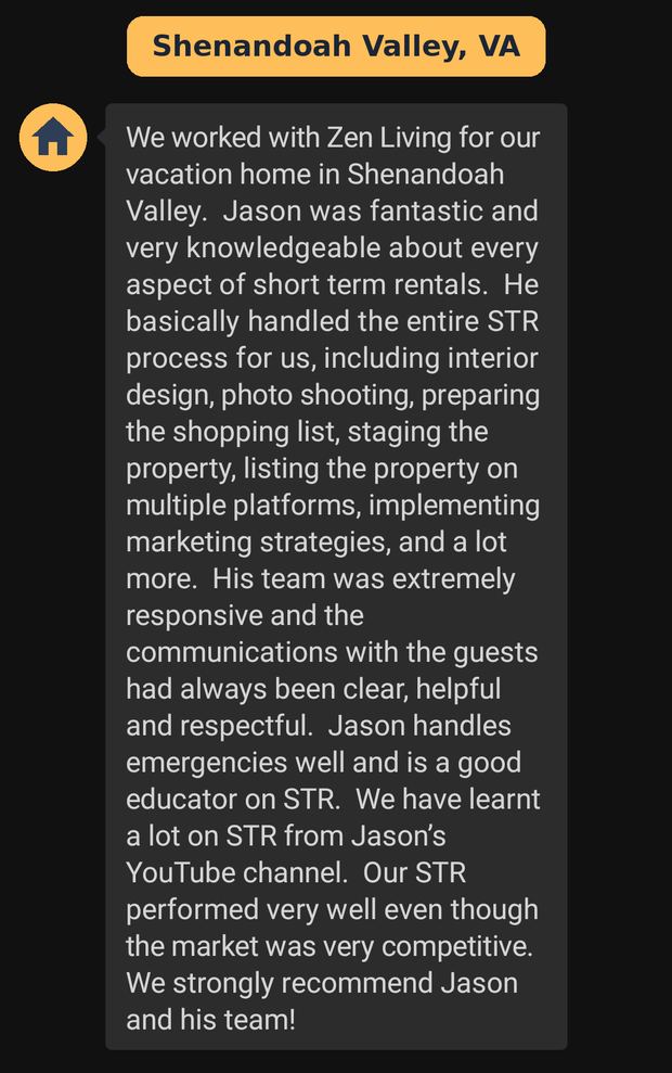 Shenandoah Valley owner: Jason handled the entire STR setup; strongly recommend